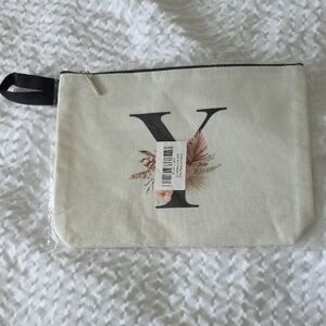 Elegant Letter Y Cream Canvas Pouch w/ Handle 10 x 7.5 x 1 3/4 Inches